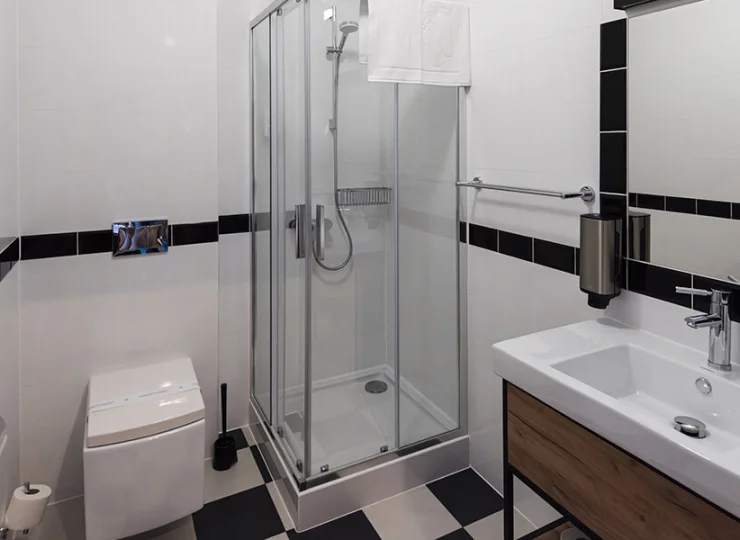Łazienka pokoju z kabiną prysznicową, ręcznikami, kosmetykami, suszarką