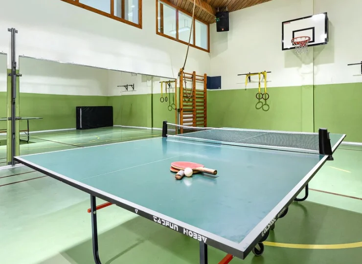 Sala sportowa umożliwia grę w kosza, siatkówkę oraz ping-ponga