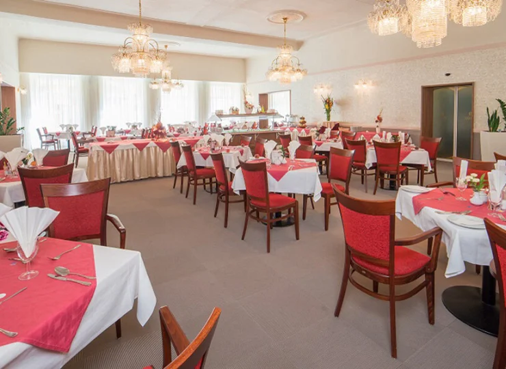 Hotel posiada przestronną salę restauracyjną z eleganckim oświetleniem