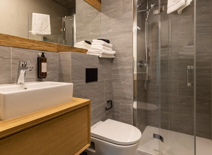 W łazience znajduje się kabina prysznicowa, ręczniki, podstawowe kosmetyki