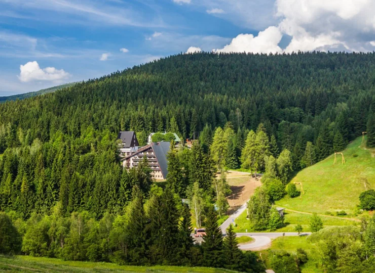 Hotel znajduje się wśród lasów i gór Harrachova