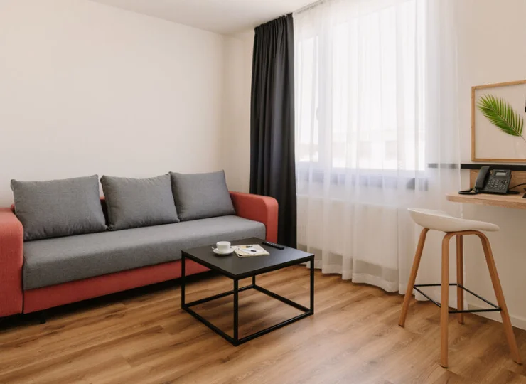 Apartament Lux ma osobny salon z rozkładaną kanapą