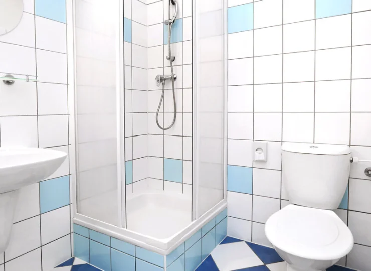 W łazience mieści się pełen węzeł sanitarny oraz ręczniki i kosmetyki hotelowe