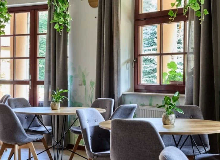 Wnętrza kawiarni są wypełnione zielenią