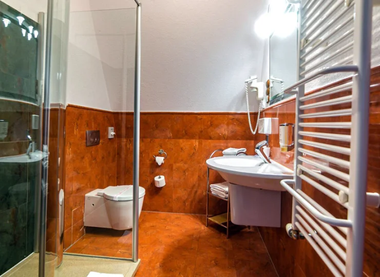 W łazience jest kabina prysznicowa i suszarka do włosów