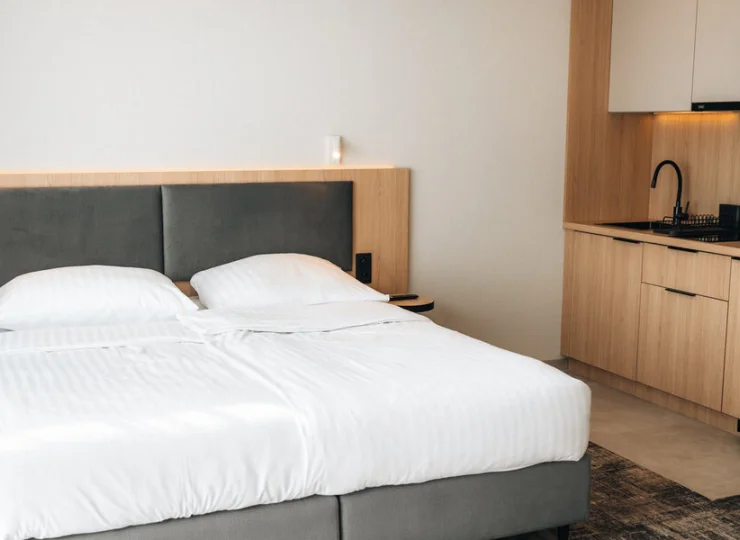 Apartament Executive Suite składa się z salonu z podwójnym łóżkiem i aneksem