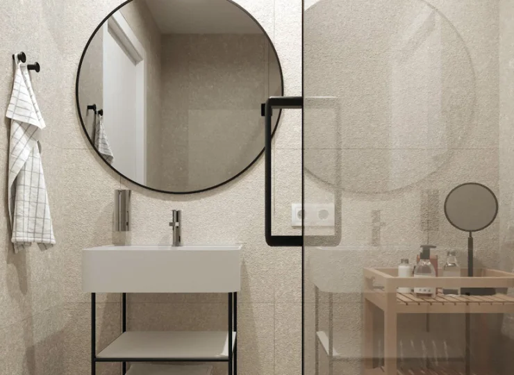 W nowoczesnej łazience mieści się kabina prysznicowa