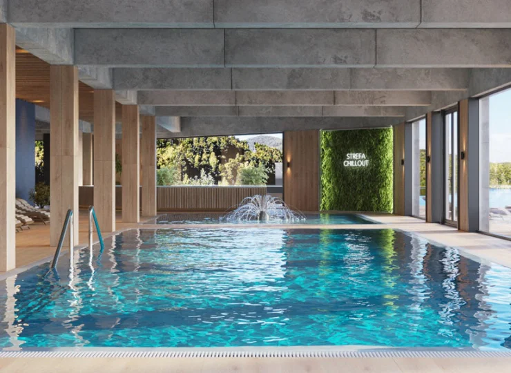 W strefie basenowej jest kryty basen oraz brodzik dla dzieci z fontanną