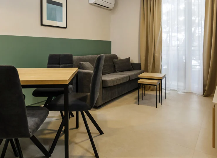 W apartamencie family 2+2 jest pokój dzienny z kanapą i aneksem kuhennym