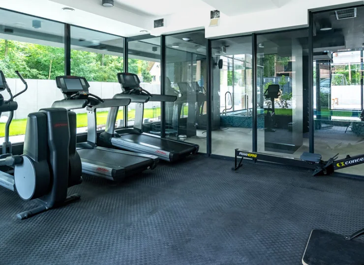 Strefa wellness jest wyposażona w różnorodny sprzęt, ma widok na las
