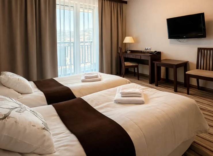 W pokoju jest czajnik, lodówka, sejf, TV, wifi