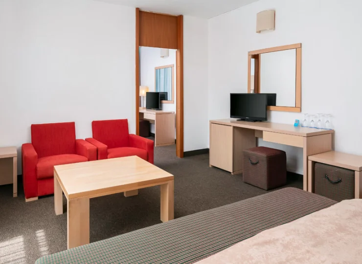 Dodatkowo są fotele, biurko, stół