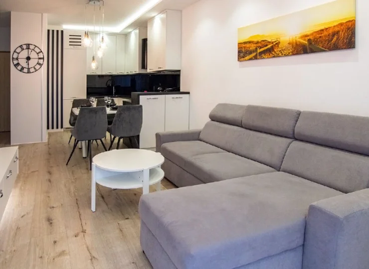 Kącik TV, stół jadalniany i aneks kuchenny