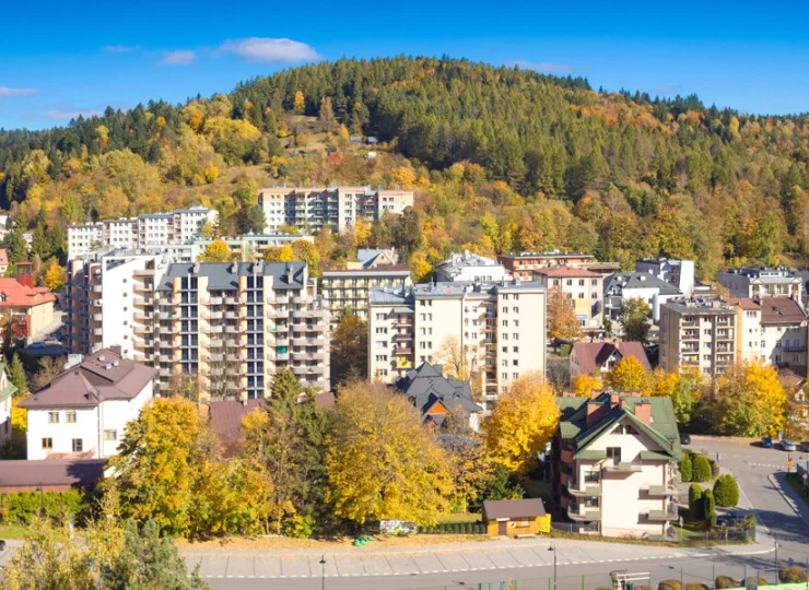 Z okien hotelu widać beskidzkie wzniesienia i lasy