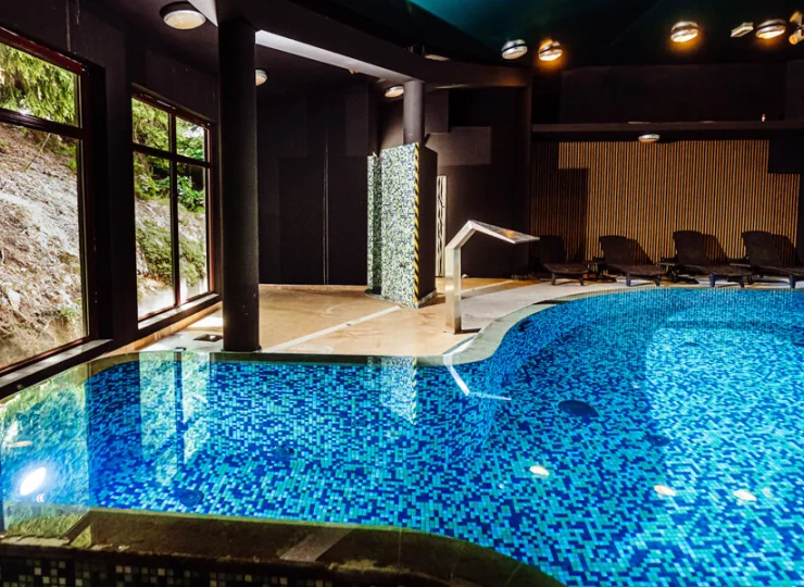 Za oknem ściana lasu, a wewnątrz nowoczesny basen