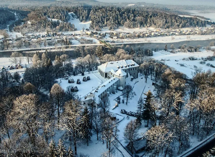 Panorama z zamkiem i Sanem zimą