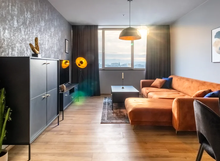 W pokoju dziennym apartamentu mieści się rozkładana sofa dla 2 osób