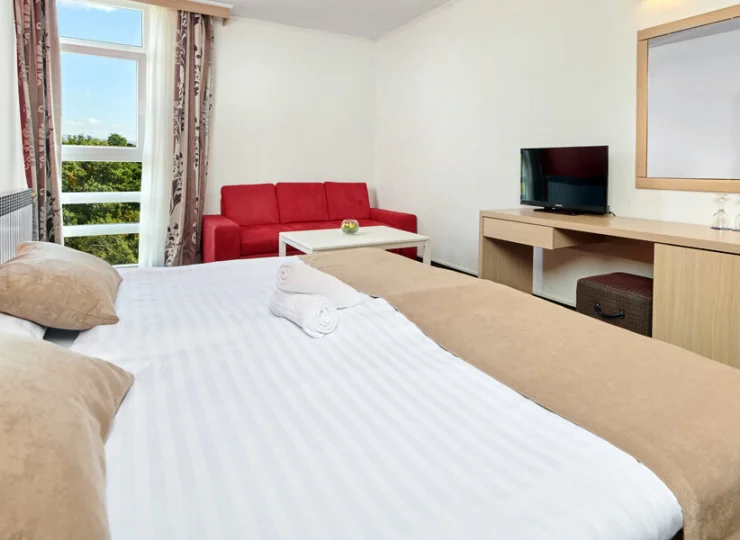 To pokój z wygodną częścią sypialną i dzienną