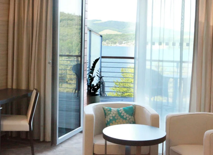 Pokój z widokiem na jezioro i okoliczne lasy