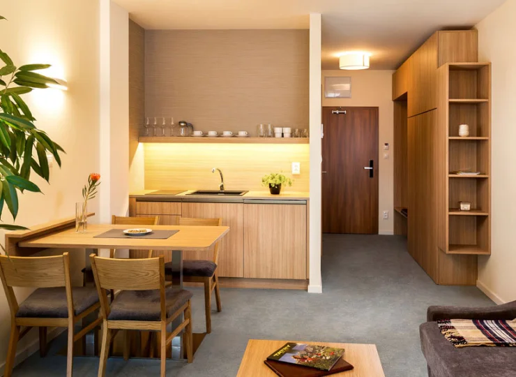 Każdy apartament ma wyposażony aneks kuchenny