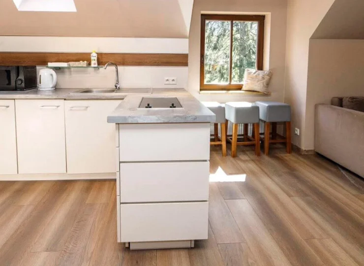 W aneksie kuchennym są naczynia, lodówka, czajnik, płyta indukcyjna, mikrofala