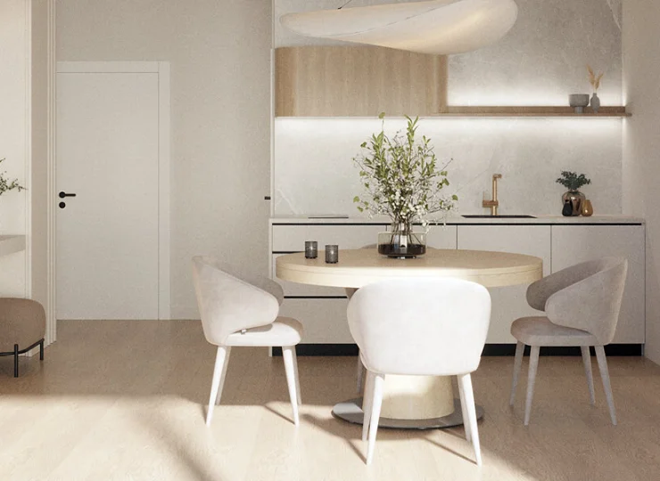 W każdym apartamencie jest pokój dzienny z kuchnią i jadalnią