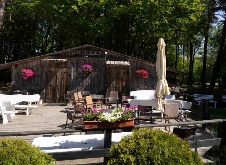 Hotel ma część ogrodową ze stolikami na tarasie