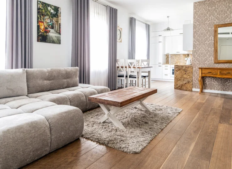 Apartament 2+2 z 1 sypialnią ma przestronny pokój dzienny