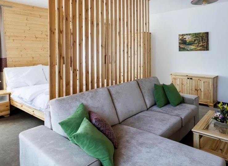 W salonie z rozkładaną kanapą wydzielono część sypialnianą z łóżkiem