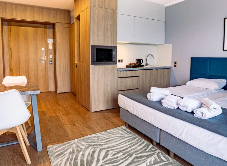 Apartament typu studio to wygodne wnętrze z częścią wypoczynkową