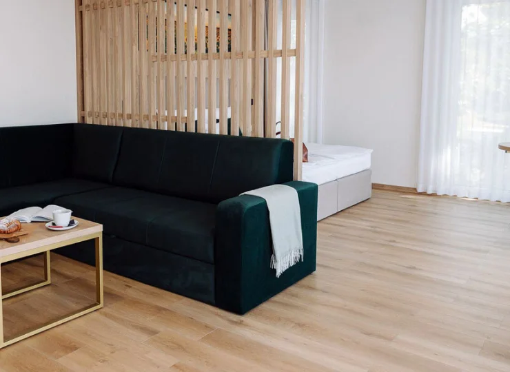 Apartament premium ma wydzieloną część sypialnianą i komfortowy narożnik