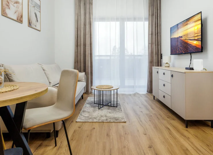 W salonie znajduje się rozkładana kanapa i kącik TV