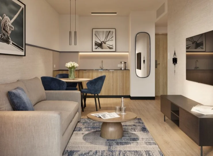 Każdy apartament ma pokój dzienny z aneksem kuchennym