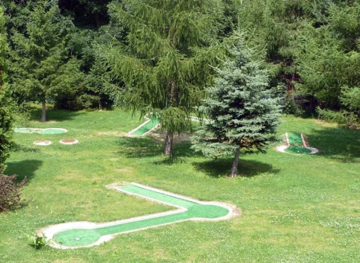 W ogrodzie znajduje się pole do minigolfa