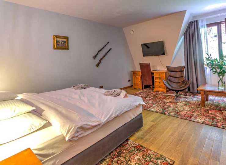 Za oknami pokoi widać las