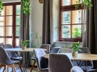 Wnętrza kawiarni są wypełnione zielenią