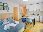 Kuchnia zawiera m.in. płytę indukcyjną, lodówkę, czajnik, naczynia i sztućce