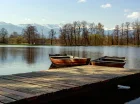 Widok na Karkonosze znad stawu w Bukowcu